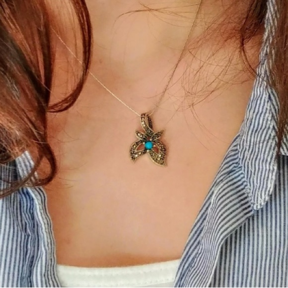 Marcasite & Turquoise Sterling Pendent - Picture 2 of 6